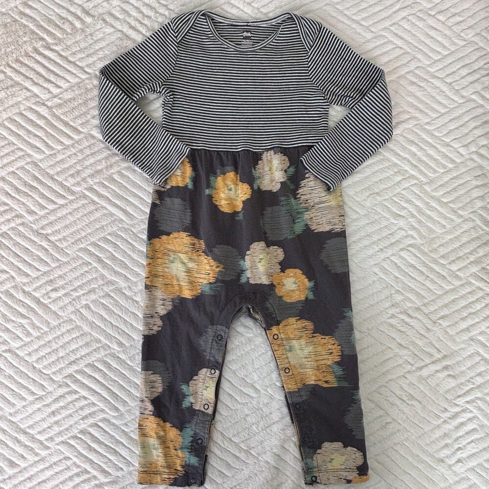 Tea Collection Baby Size 18-24M Striped Impressionist Roses Print Romper Cotton